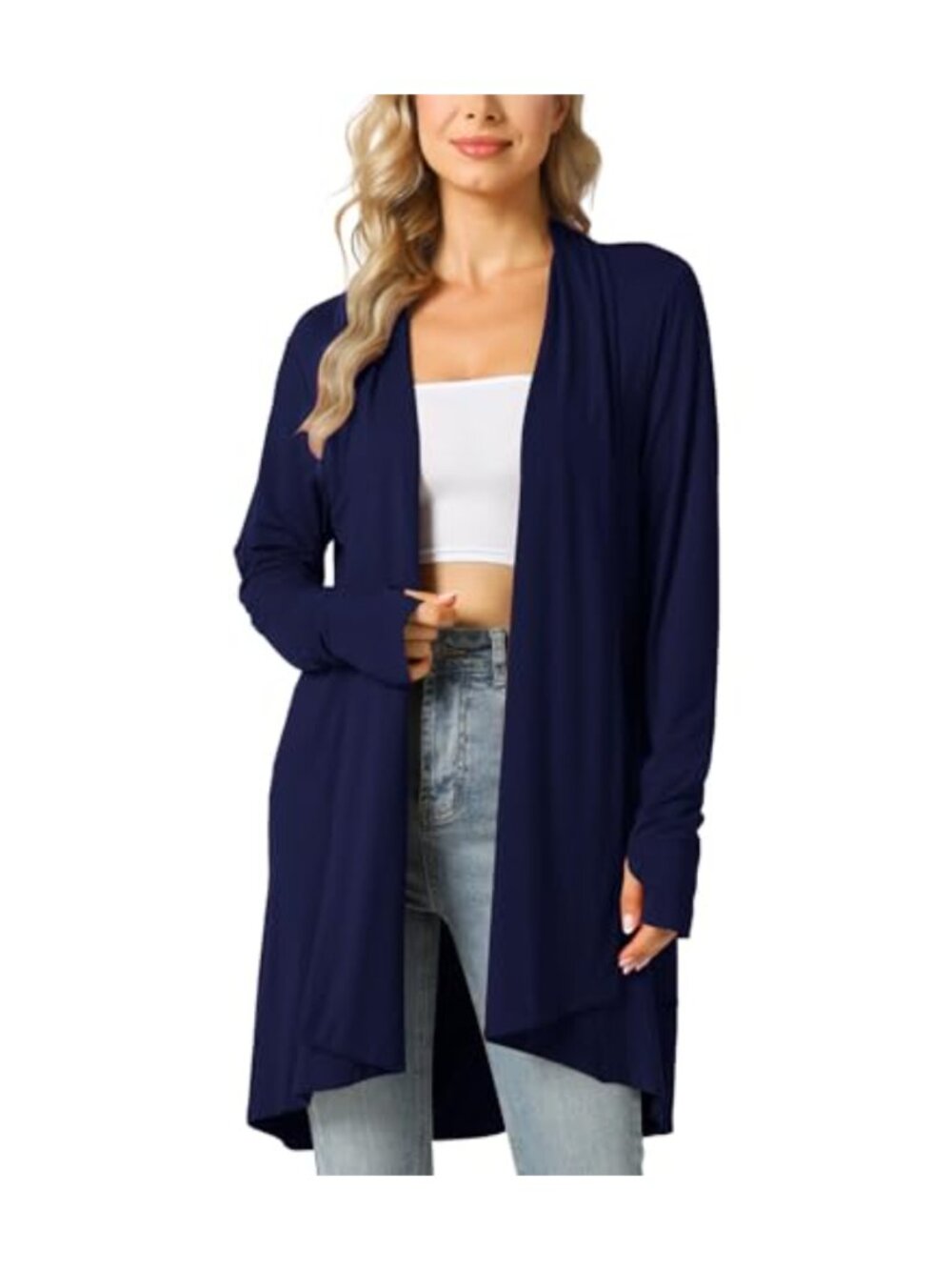 Open-Front Long Sleeve Cardigan Lightweight Draped Jersey Topper